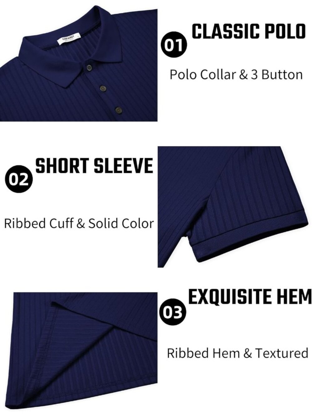 Men's Navy Blue Textured Polo Shirts Short Sleeve Slim Fit Button Polo Casual - Picture 5 of 6